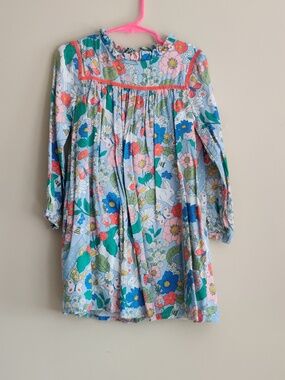Mini Boden Floral Bunny Print Dress in Light Blue, Pink, Green